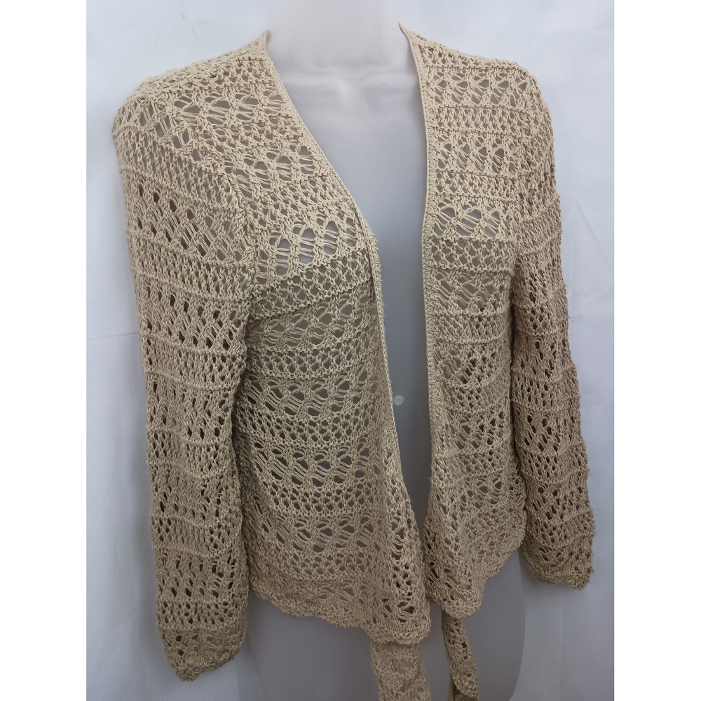 tan beachy sheer fairy y2k boho long sleeve cardigan shall crochet knit office L - Picture 4 of 7